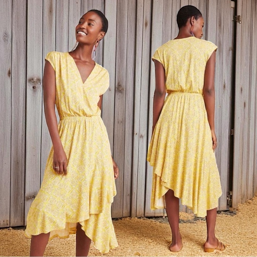 Anthropologie Maeve Fate In Yellow Motif Handkerchief Midi Dress In Size Small